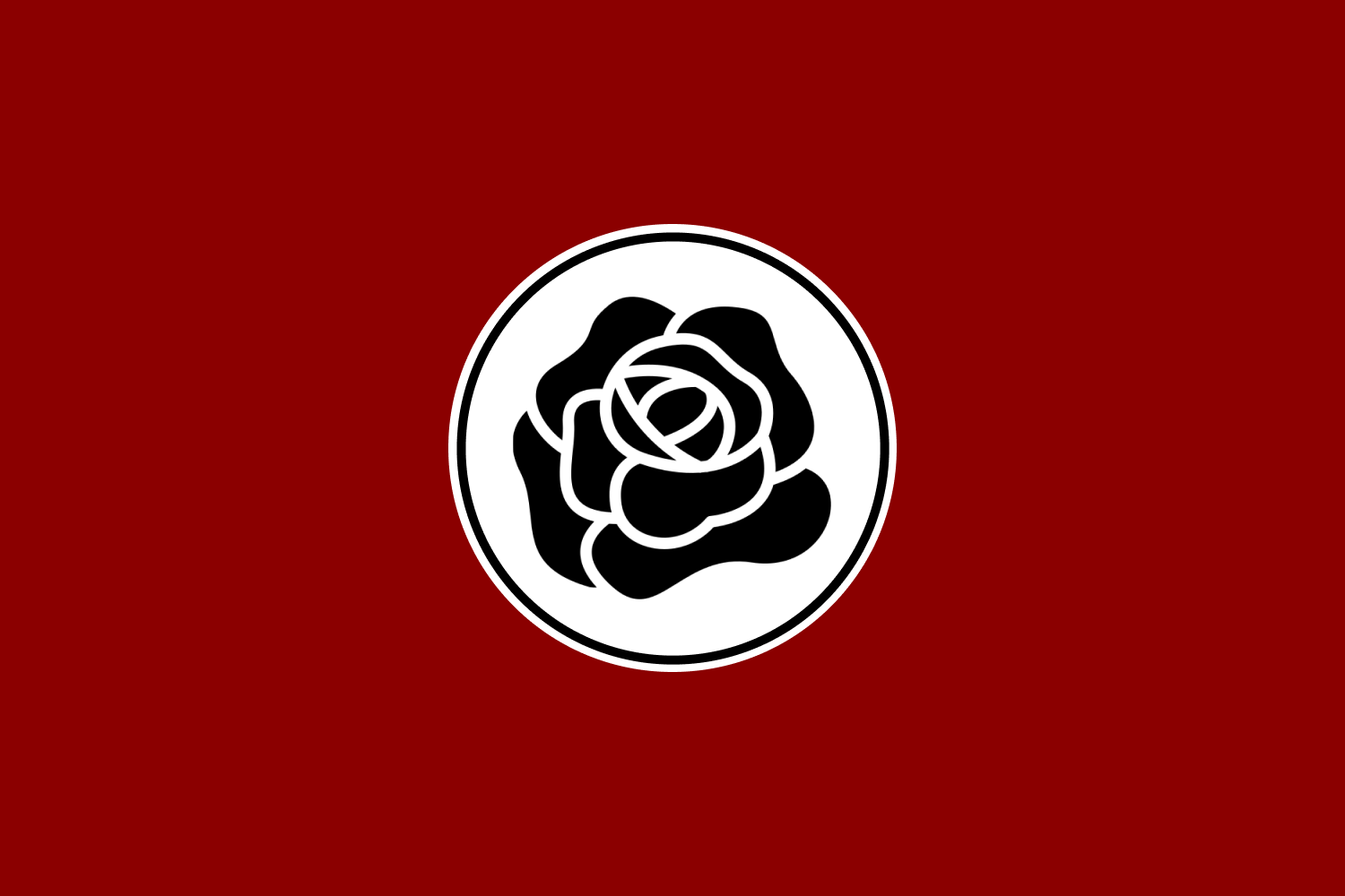 a red flag with a white circle and black rose in the center